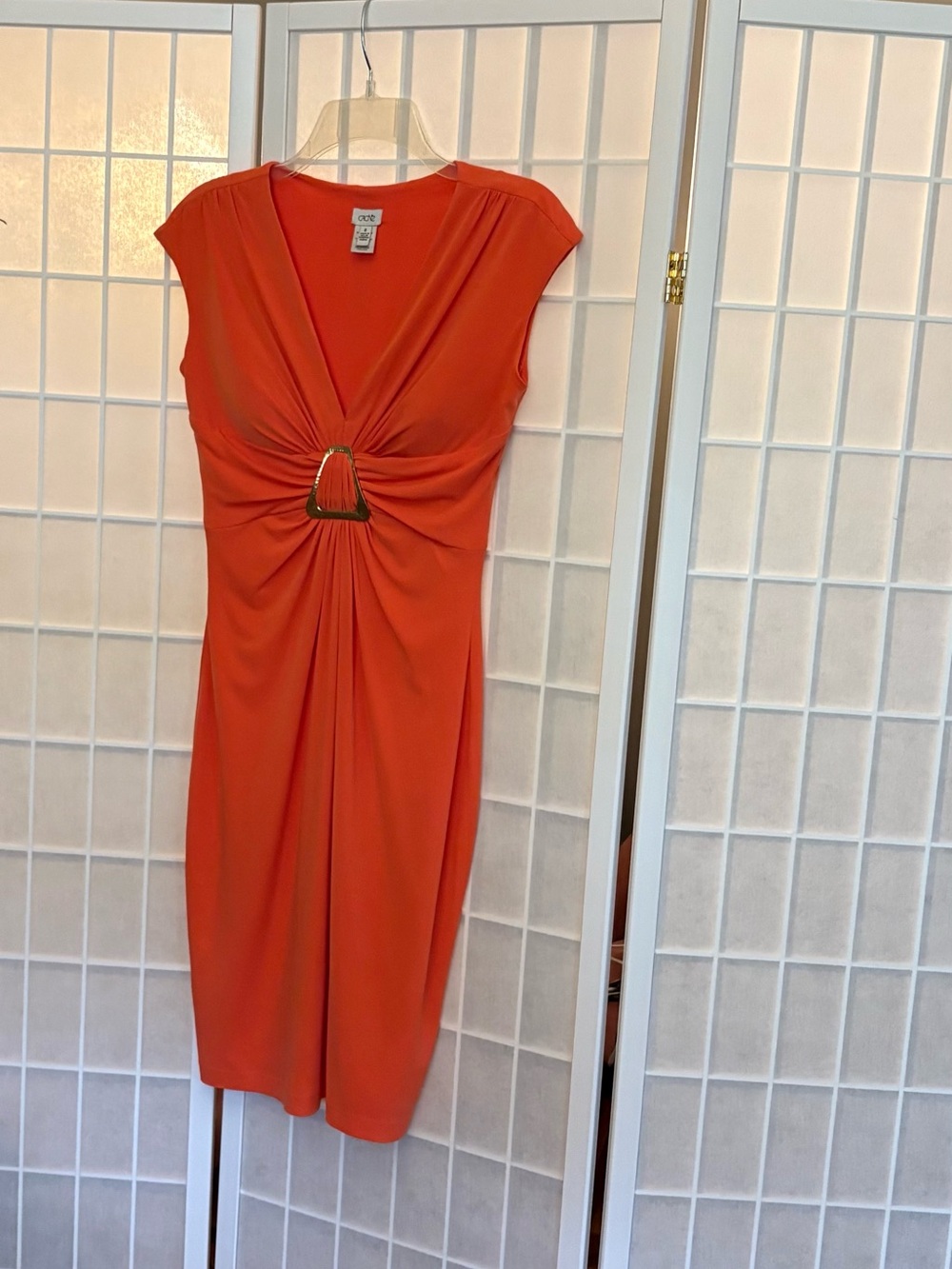 Cache Orange Twist-Front Midi Dress with Metal Ring